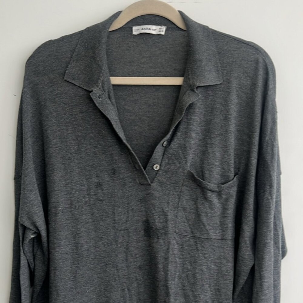 ZARA Long Sleeve Polo Sweater Shirt Grey, Size M